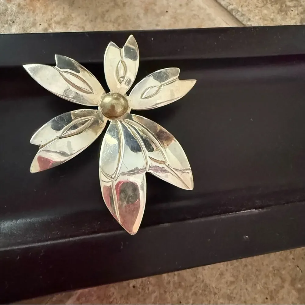 Taxco 925 Sterling Silver & Brass Flower Pin Brooch